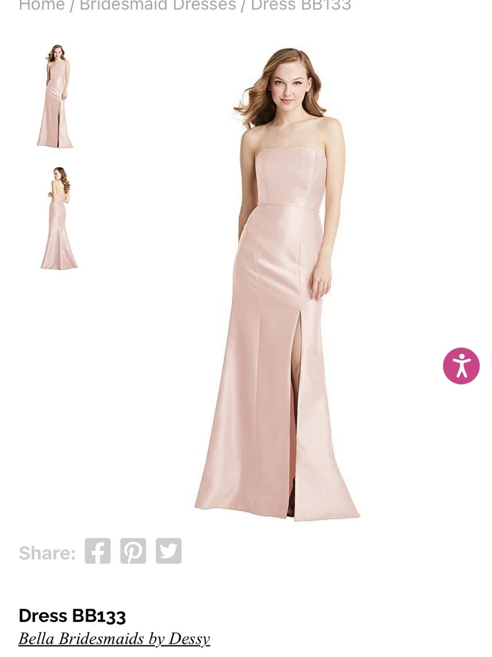 Bella Bridesmaid Dessy Strapless Blush Pink Gown Style BB133